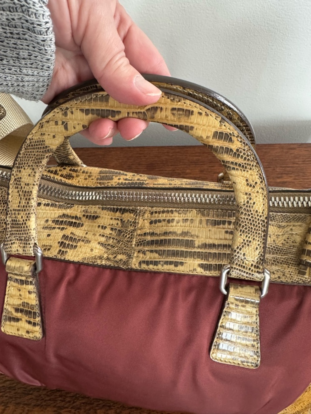 Prada Tessuto Ouverture Burgundy Nylon Lizard Leather Satchel/Shoulder Bag w/COA - Picture 7 of 12